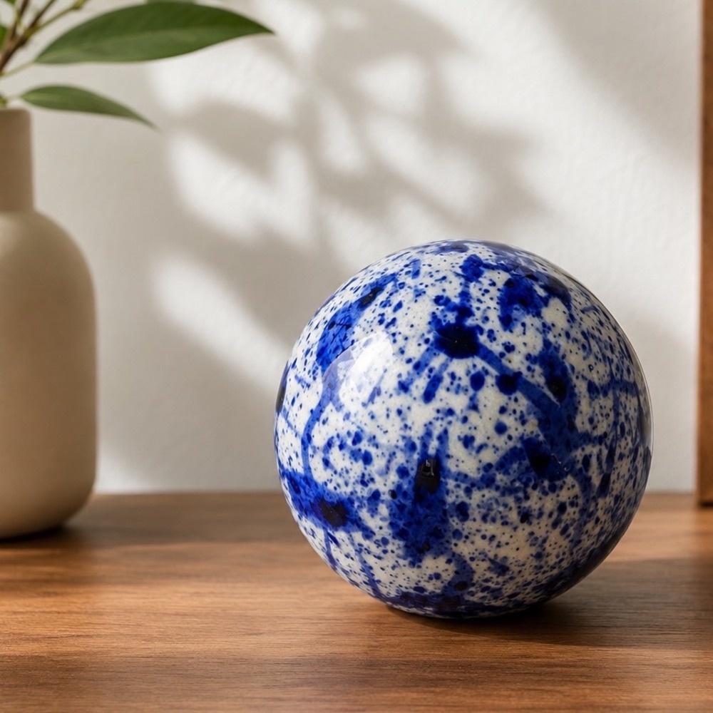 Blue White Ceramic Decorative Orb Sphere‎ Abstract Splatter Glaze Home Decor 4in